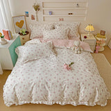 Qfdian 3/4Pcs Pastoral Floral Lace Ruffles 100% Cotton Bedding Set Single Queen Duvet Cover Bed Skirt/Bed Sheet/Fitted Sheet Pillowcase