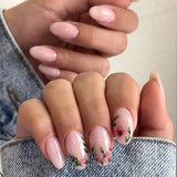 Qfdian  24Pcs Solid Color Grey Almond Fake Nail Cat's Eye Design Wearable Round Head False Nails with Shiny Powder Press on Nails