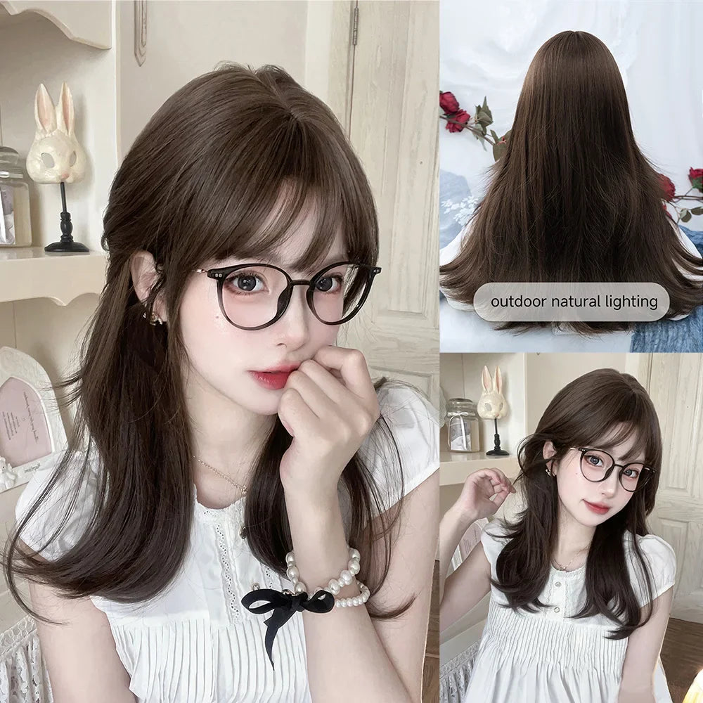 Qfdian 20Inch Chestnut Brown Lovely Synthetic Wigs with Bangs Medium Natural Wavy Hair Wig for Women Daily Use Cosplay Heat Resistant