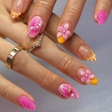 Qfdian 24pcs Mid-length Almond Press on Nails Sets Wearable Gradient Pink Flower Pearl Design False Nail French Fake Nail Finished Tips