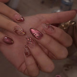 Qfdian  24Pcs Cat Eye Fake Nails Rhinestone Pearl Press on Nails Glitter Star Nail Art Sweet Bowknot False Nails French Almond Nail Tips