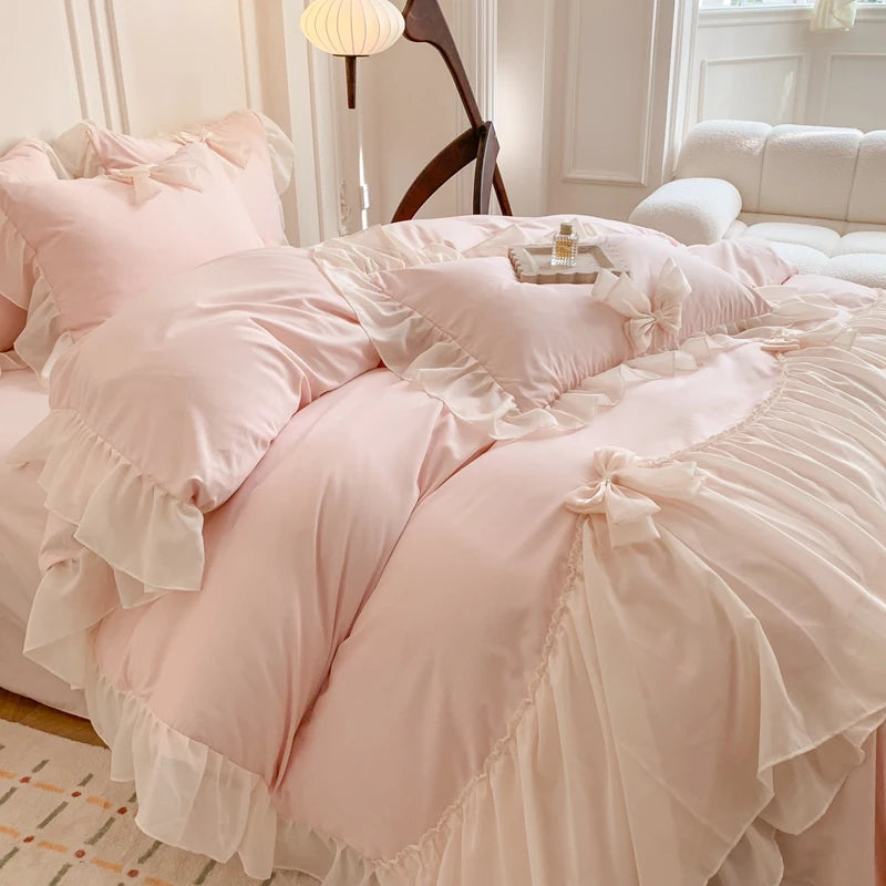 Korean Style Princess Lace Bow Bedding Set Pink Sweet Girl Chiffon Ruffles Duvet Cover Bed Sheet Pillowcase Wedding Home Textile