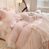 Qfdian  Korean Style Princess Lace Bow Bedding Set Pink Sweet Girl Chiffon Ruffles Duvet Cover Bed Sheet Pillowcase Wedding Home Textile