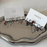 Qfdian  6PS Goth Trendy Red Crystal Star Moon Cross Tassel Pendant Earring Set For Women Men Vintage Punk Y2K Grunge Jewelry Accessories