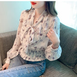 Qfdian  Floral Printed Blosue Women Office Ladies Bow Short Shirts Office Ladies Long Sleeve Elastic Waist Casual Chiffon Blouse Tops