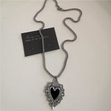 Qfdian  Punk Rock Black Heart Cross Pendant Chain Necklace For Men Women Cool Hip Hop Street Vintage 90s Y2K Grunge Goth Accessories