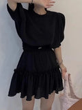 Qfdian  Korean Unique Bubble Sleeve Top High Waisted Wooden Ear Skirt Two-piece Set Sweet Summer Women's Fashion Solid Color Set Skirt