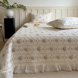 Qfdian 3/5Pcs Rose Floral Print Lace Ruffles Quilted Bedspread, Bed Cover, Mattress Topper Coverlet, Bed Sheet, With Pillowcases
