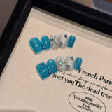 Qfdian  10pcs Sweet Cool Press on Nails Blue Cat Eye False Nails 3D Silver Star Fake Nails Glitter Rhinestone Nail Art Short Coffin Nail