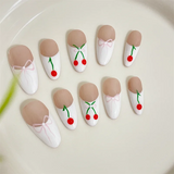 Qfdian 10Pcs White French Handmade Press On Nails Medium-Length Oval Fake Nails Solid Full Cover Cherry Bow Knot Design Manicure Art