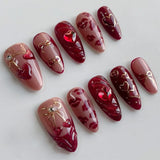 Qfdian 24pcs Wearable False Nail Strawberry Bow Design Nails Tips Red Short Almond Pearl Starlight Fake Nail Art Flower Press on Nails