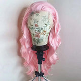 Qfdian Light Pastel Pink Lace Front Synthetic Frontal Wigs for Women Long Wavy Loose Wave Curly Hair Wig Daily Party Cosplay