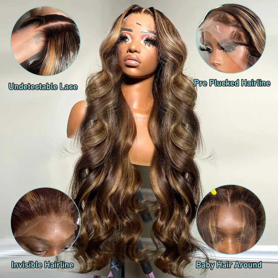 Qfdian Loose Body Wave Wig Human Hair 4/27 Highlight Colored Ombre Blonde Brazilian 13x6 HD Transparent Lace Frontal Wig For Women