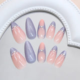 Qfdian  24pcs Milk Blue French Style Press On Nails Glitter Almond Cat's Eye Fake Nails With Bowknots Diamond Decor Charming False Nail