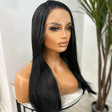 Qfdian Long Black Wig Synthetic Lace Front Wig Natural Wavy Jet Black Long Straight Hair 13x4 Frontal Colored Wigs for Women Daily