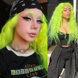 Qfdian Fluorescent Neon Green Wig Water Wave Synthetic Lace Front Wig Glueless Colored Long Curly Hair Lace Frontal Wigs for Women