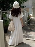 Qfdian  Summer Fashion Versatile Casual Women Short Sleeved T-shirt Dress Lazy Style Round Neck Solid Color Loose Fitting Women's Dress