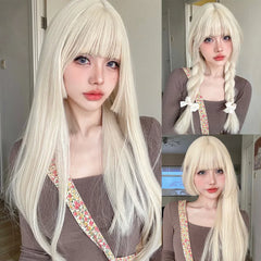 Qfdian 26Inch Blonde Platinum Golden Synthetic Wigs With Bang Long Natural Straight Hair Wig for Women Hime Cut Cosplay Heat Resistant