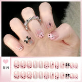 Qfdian  24pcs Bowknots Love Heart Pattern Press On Nails Cute Fresh Short Round French Style False Nails Korean Sweet Wearable Fake Nail