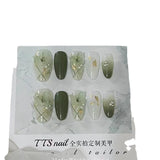Qfdian Handmade 3D Green Fairy Almond Press on Nails with Glue Fake Nail Gradient Butterfly Reusable Artifical Full Cover Nail Tips Art