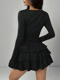 Qfdian  Autumn Bodycon Dress Women Solid Color Slim Fit Mini Dress Elegant Flare Sleeve High Waist Cascading Ruffles Sexy Party Dresses
