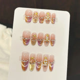 Qfdian  10pcs Handmade Starlight Fake Nails Press On Nails With Pearl Rhinestone Gold Star Decor Colorful Cat's Eye False Nails Wearable