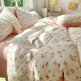 Qfdian Floral print French Style Bedding Set Bubble cotton Duvet Cover Set Washed Cotton Flat Sheet set Queen For Girl Decor Home