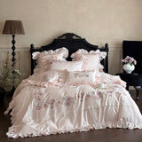 Qfdian Rose Flowers Embroidery Lace Ruffles Luxury Bedding Set 1000TC Egyptian Cotton Duvet Cover Set Flat/Fitted Bed Sheet Pillowcases