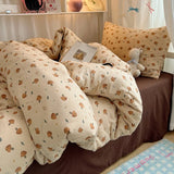 Qfdian  Bedding Set Double Layered Yarn INS Girls Mushroom Soft Washed Cotton Bed Sheet Queen King Size Duvet Set Pillowcase Bed Sheet