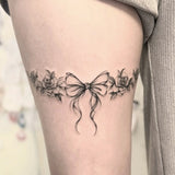 Qfdian  Elegant Bow Floral Wrap with Wing Succubus Temporary Tattoo Sticker, Realistic Body Art for Leg Waist