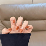 Qfdian  10Ppcs Minimalist French Stick on Nails Gradient Crystal Cat Eye Fake Nails Nude Rhinestone False Nail Short Oval Press on Nails