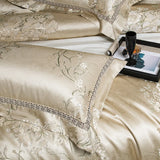 Qfdian 4Pcs Luxury European Style Satin Yarn-dyed Jacquard Egyptian Cotton Bedding Set Duvet Cover Bed Sheet Fitted Sheet Pillowcases