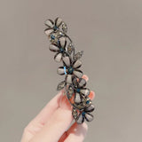 Qfdian  Sparkling Black Crystal Glass Flower Spring Loaded Hair Clip for Women Girls Back Head Bun Top Barrette Temperament Daily Party
