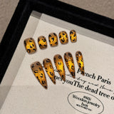 Qfdian Handmade Press on Nails Shiny Cat Eye French Fake Nails with Leopard print Wearable Detachable Glitter Long Almond False Nails