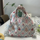 Qfdian Japanese Patchwork Lace Sweet Shoulder Underarm Bag Cartoon Kawaii Cute Bear Print Canvas Bags Y2k Fashion Purses and Handbags