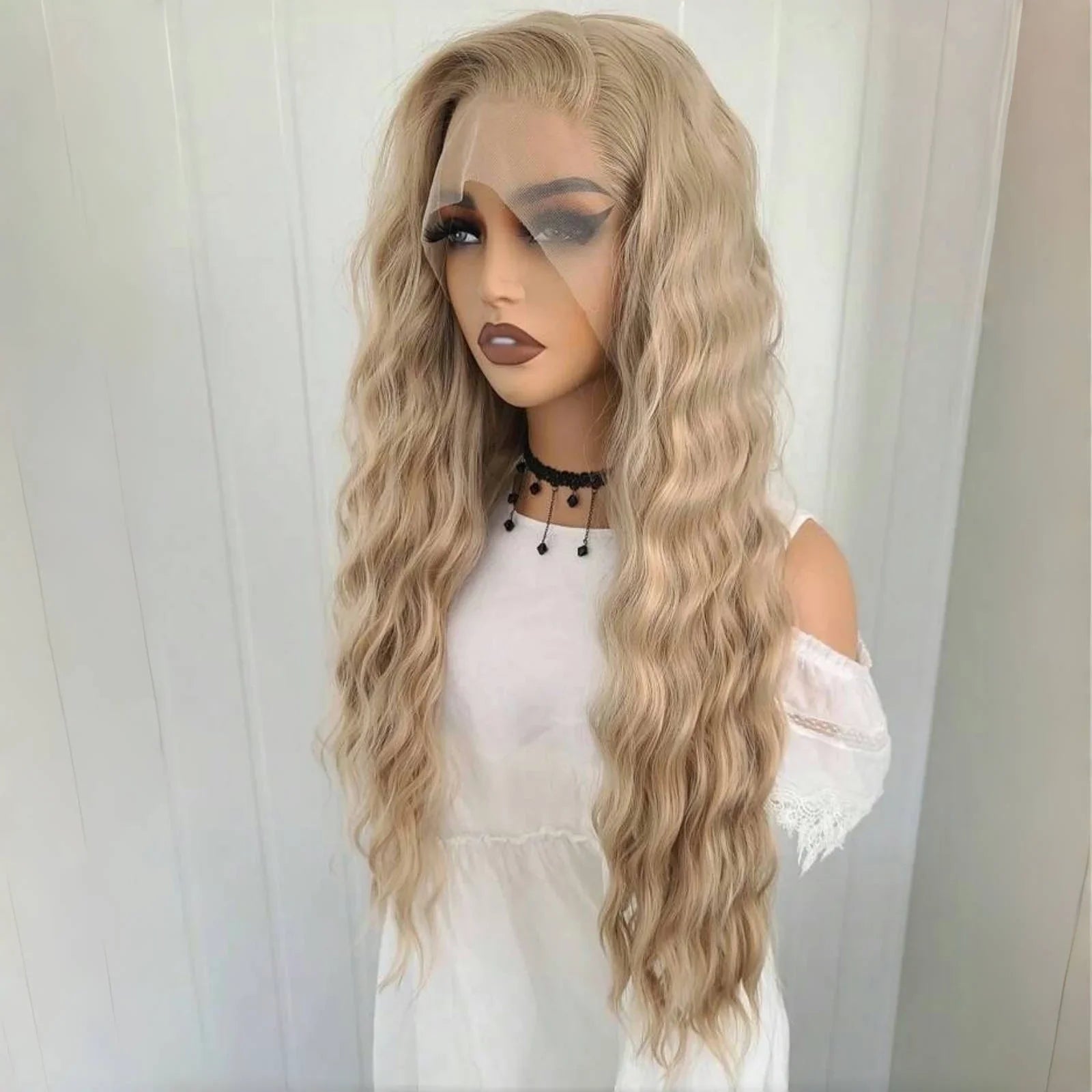 Qfdian 13X4 Lace Front Wigs Synthetic Hair Long Blonde Curly Hair Deep Wave Natural Wavy Ash Brown Colored Frontal Wigs for Women Party