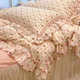 Qfdian 2/3Pc Korean Princess Style Floral Ruffles Bedding Set Single Queen Size Soft Skin-friendly Washed Cotton Duvet Cover Pillowcase