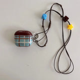 Qfdian Korea Fashion Brown Plaid Splicing Pattern Retro Neck Lanyard Shockproof Protection Case For AirPods 4 3 2 1 Pro 2 Earphone Case