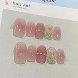 Qfdian 10Pcs Handmade Tulip Press On Nails Pink Blush Designed Fake Nails Short Ballerina False Nails with Pearl Full Cover Finger Tips