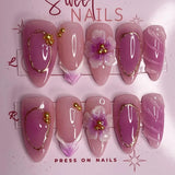 Qfdian  24pcs Red Cat Eye Press on Nails Pearl Heart Stick on Nails Bow French Fake Nails Sweet Cute Flower Nail Almond 3D False Nail