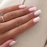 Qfdian 24Pcs Nude White French Fake Nail Short Square Nail Tips Fashion Wearable False Nails with Glue Simple Full Cover Press on Nails