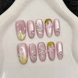 Qfdian  10pcs Crystal Butterfly Handmade False Nails Clear Transparent Purple Cat's Eye Fake Nail With Tulip Flower Press On Nail Almond