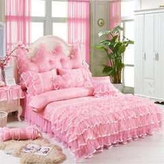 Girls Princess style Lace Pink Bedding set Luxury Twin Queen King size Bed set Cotton Bed skirt Duvet cover set Soft Bedclothes