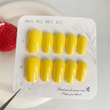 Qfdian 10Pcs Handmade Yellow Press On Nails Short Reusable Coffin Fake Nails Adhesive Full Cover False Wear Nail Cute Artificial Tips