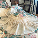 Qfdian Vintage French Flower Prints Ruffles Bow Princess Romantic Bedding Set 100% Cotton Duvet Cover Bed Skirt Bedspread Pillowcases