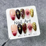 Qfdian  10pcs Handmade Almond Press on Nails Ins Leopard Print French False Nails with 3D Carving Petals Design Fake Nail Tips Wearable