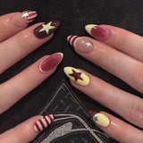 Qfdian  24pcs Colorful Five-pointed Star Press On Nails Red Stripes French Style Y2k Fake Nails Yellow Almond European Fake Nail Tips