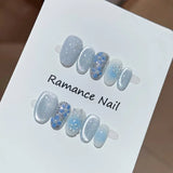 Qfdian  10pcs Short Almond False Nails Blue Gradient Fake Nails Hand Painted Flowers Pearl Stick on Nails Shiny Cat Eye  Press on Nail