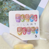 Qfdian 10pcs Handmade Colorful French Press on Nails Macarone Puzzle Design Fake Nails False Manicure Decoration Full Cover Finger Tips