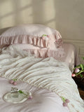 Qfdian French Lace Ruffles Princess Wedding Bedding Set Pure Cotton Double Layer Yarn Soft Duvet Cover Flat/Fitted Bed Sheet Pillowcase